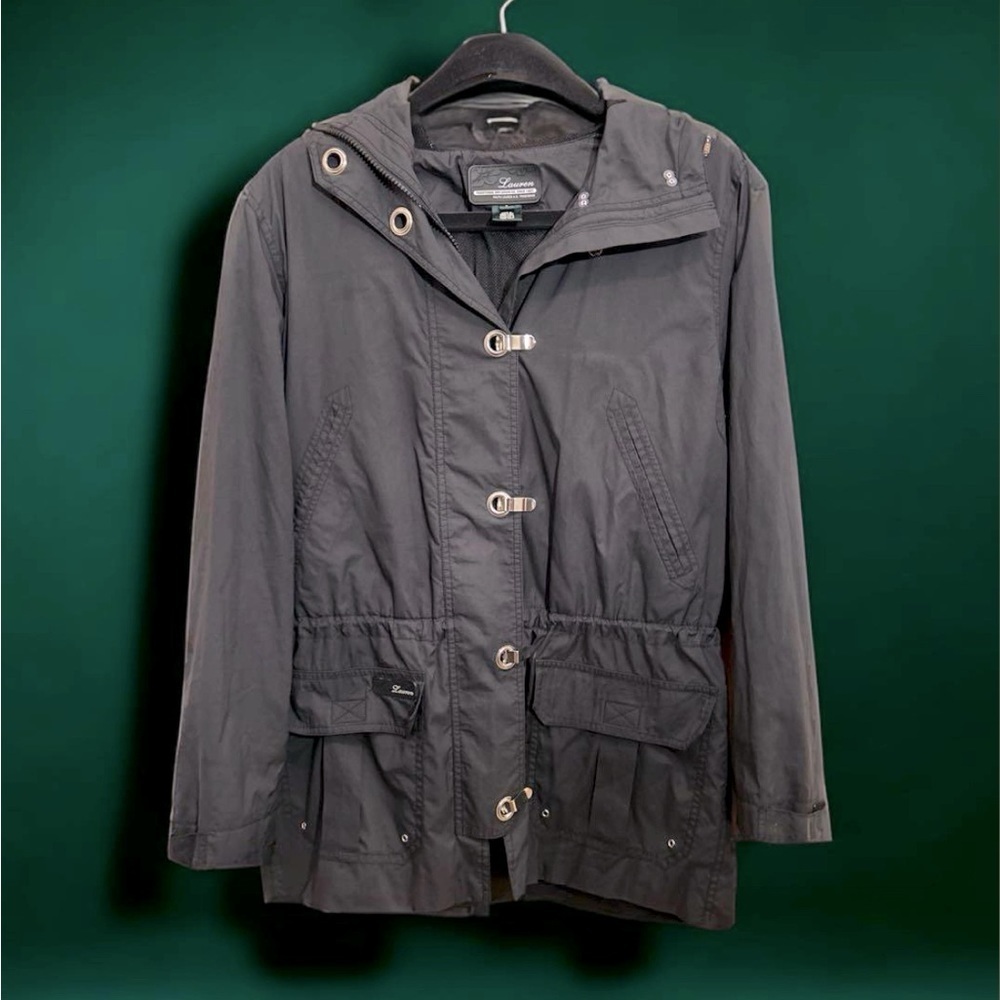 RALPH LAUREN Black Lined Hooded Pockets Zip Hooks Windbreaker Jacket size small